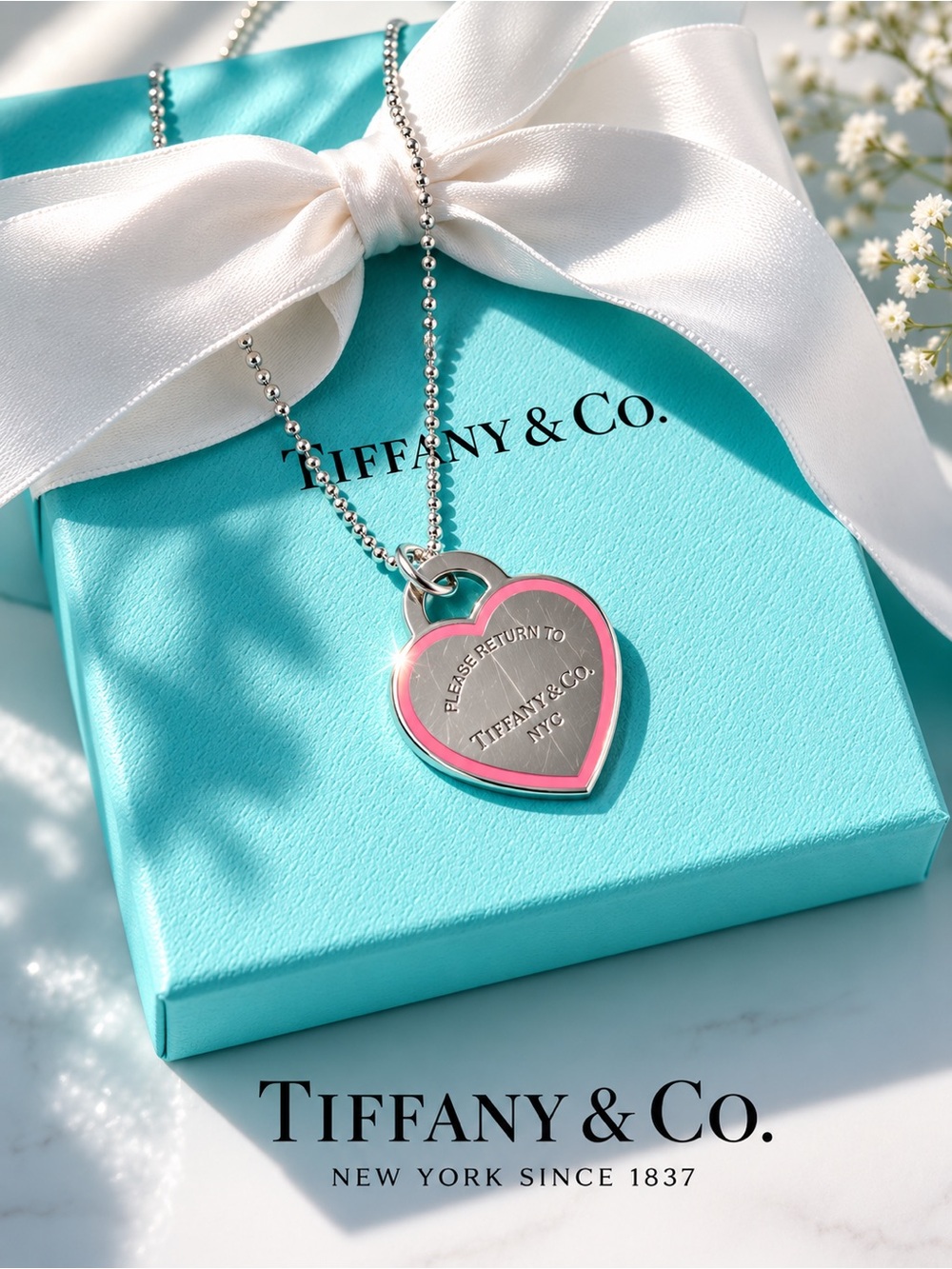 Authentic Tiffany & Co Pink Border Large Heart Tag Pendant on Small Bead Chain